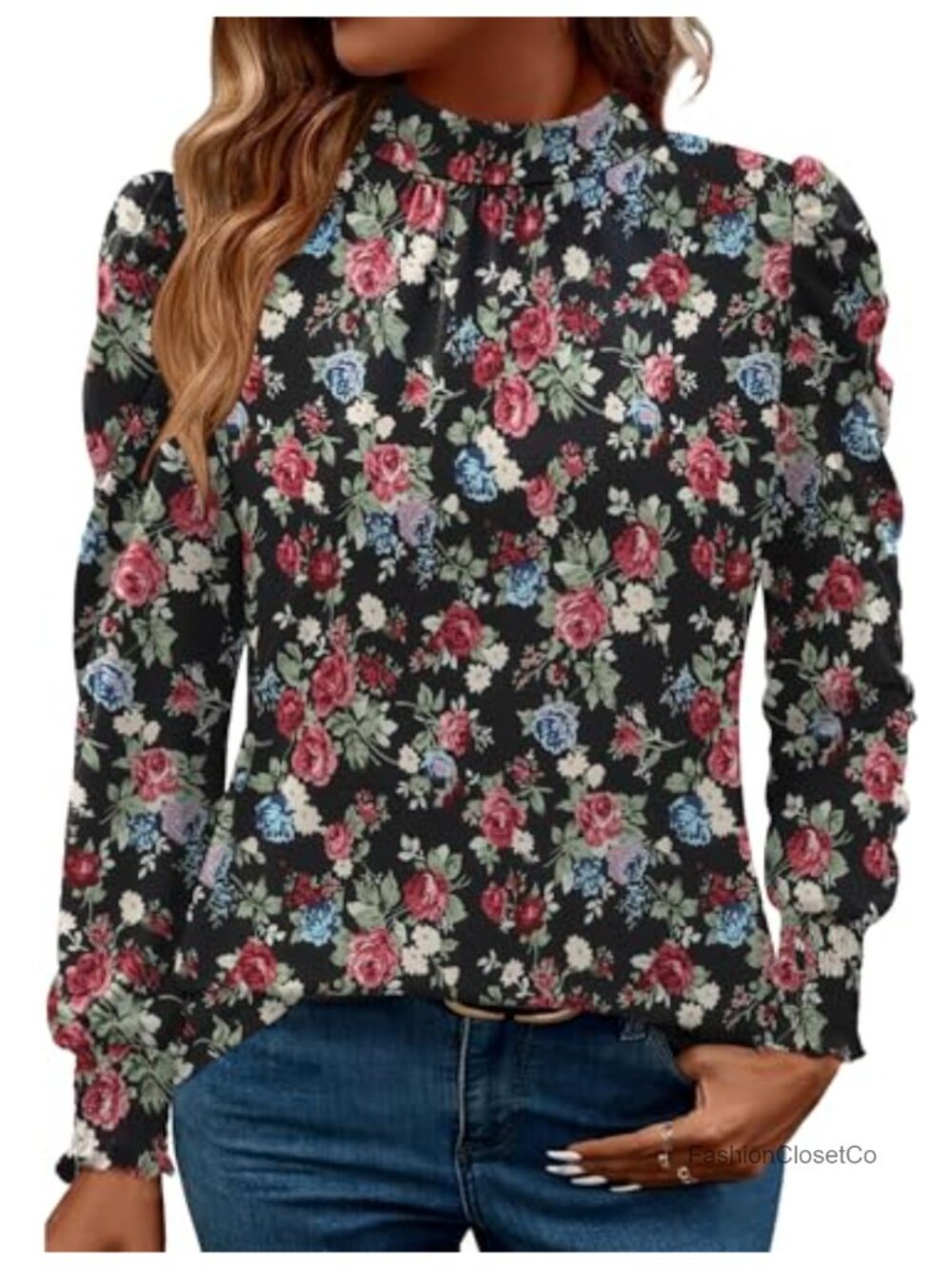 Puff Long Sleeve Blouse with Smocked Cuffs Frill Mock Neck Dressy Casual Top